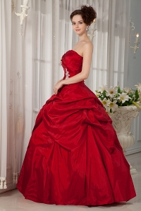 Red Quinces Dress Ball Gown Taffeta Strapless Appliques
