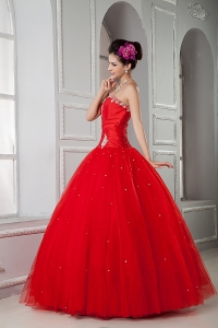 Red Appliques Beaded Tulle Ball Gown Dress for Quinceanea