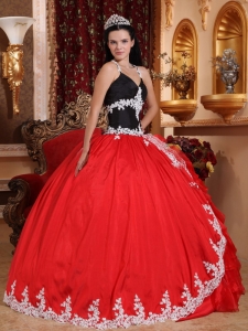 Halter Appliques Red and Black Quinceanera Dress Ruffles
