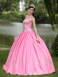 Square Neck Halter Top Beading Quinceanera Dress Rose Pink