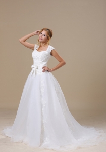 Cap Sleeves Wedding Bridal Dress Square Lace Sash Court Train