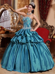 Teal Appliques Ball Gown Hand Flowers Quinceanera Dress