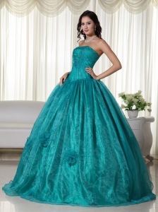 Turquoise Quinces Dress Ball Gown Strapless Organza Beaded