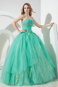 Embroidery Turquoise Ball Gown Beaded Ruch Quinceanera Dress