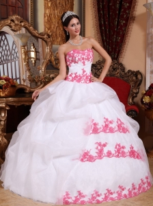 White Quinceanera Dress Pink Appliques Sweetheart Organza