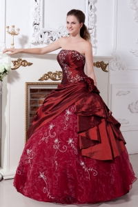 Taffeta Organza Quinces Dress Wine Red Ball Gown Embroidery