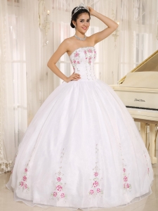 White Quinceanera Dress with Red Floral Embroidery Ball Gown