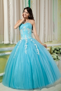 Aqua Sweetheart Tulle Appliques Quinces Dress for Sweet 16