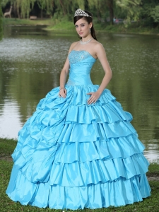 Aqua Blue 16th Birthday Dress Beaded Taffeta Strapless Layers
