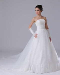 Lace Strapless Organza Chapel Train Wedding Ball Gowns