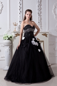 Prom Dress Black Sweetheart Beading Hand Made Flowers Organza