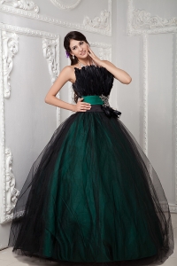 Beading and Feather Quinceanera Gowns Black Tulle over Skirt