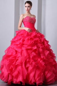 Organza Ruffles Quinceanea Dress Coral Red Sweetheart Beading