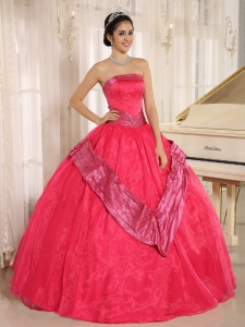 15th Birthday Dress Strapless Belt Coral Red Beaded Ball Gown