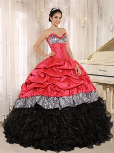 Coral red Black Quinceanera Dress Sweetheart Ruffles Leopard