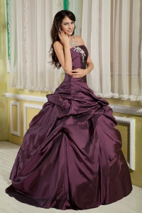 Appliques Ball Gown Quinces Dress Dark Purple Strapless Taffeta