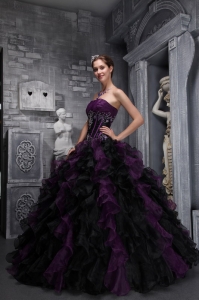 Organza Appliques Ruffles Dark Purple and Black Quinces Dress
