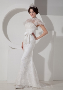 High-neck Brush Train Satin Lace and Sash Wedding Dress