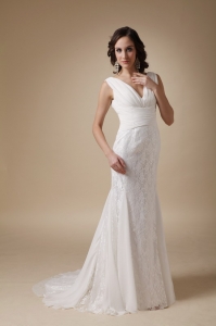 Fashionable Bridal Dress V-neck Brush Train Chiffon and Lace