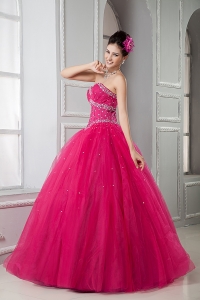 Fuchsia Quinces Gowns Sweetheart Floor-length Tulle Beading