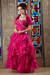 Hot Pink Cascading Ruffles Beading Quinces Dress with Jacket