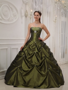 Olive Green Taffeta Beading and Pick-ups Puffy Quinceanera Dress