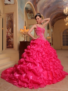 Hot Pink Spaghetti Straps Organza Embroidery Quinceanera Gowns