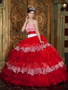 Organza and Zebra Ruffles Quinceanera Dress Red Ball Gown Sash