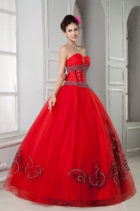 Red Ball Gown Sweetheart Tulle Beading Sweet 16 Birthday Dress