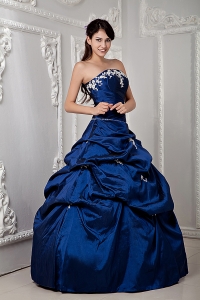 Royal Blue Quinceanea Gowns Strapless Taffeta Appliques