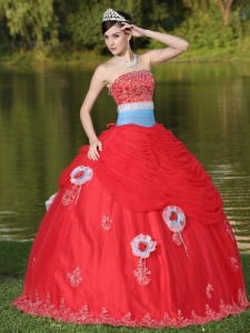 Tulle Strapless Red Quinceanera Dress with Flowers Beaded
