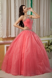Watermelon Organza Beading Puffy Quinceanera Dress for Sweet 15