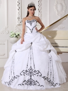 White Ball Gown Sweetheart Black Embroidery Quinceanera Dress
