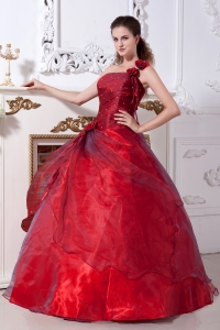 One Shoulder Dress for Quinces Wine Red Beading Taffeta Organza
