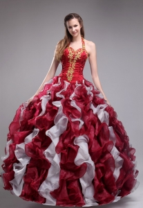 Halter Quince Dress Wine Red White Organza Appliques Ruffles