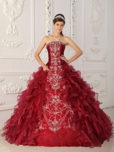 Embroidery Dress for Quince Wine Red Ball Gown Satin Organza