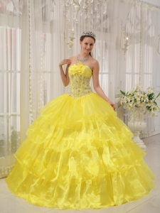 Yellow Strapless Taffeta and Organza Beading Quinceanera Gowns