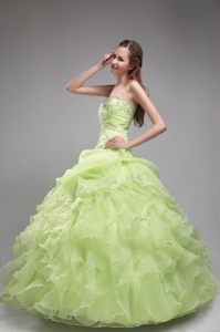 Yellow Green Strapless Organza Beading Ruffled Quinceanera Gowns
