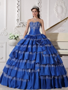 Blue Layered Sweetheart Taffeta Embroidery Quinceanera Dress