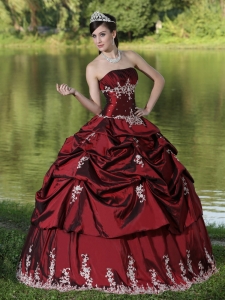 Custom Made Burgundy Quinces Dress Party Wear Satin Embroidery