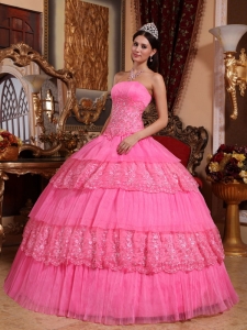 Rose Pink Organza Lace Appliques Edge Quinceanera Ball Gowns