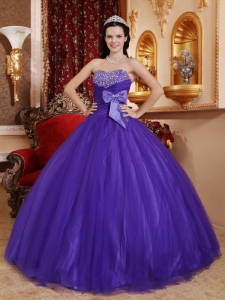 Purple Sweetheart Bow Beading Tulle and Tafftea Quinceanera Gowns