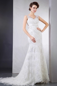 Lace Wedding Dress V-neck Clasp Handle Custom Made