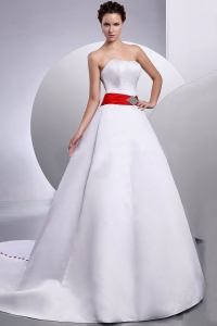 Belt Strapless Wedding Dress Court Train A-Line Satin