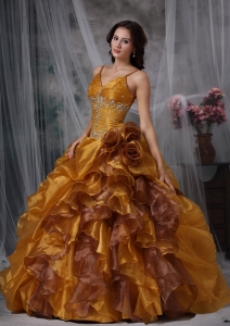 Brown Ball Gown Straps Organza Beading Quinceanera Dress