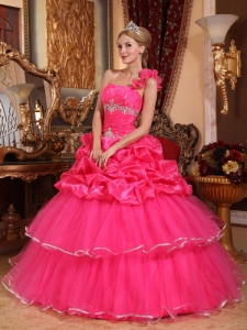 Hot Pink Quinceanera Dress One Shoulder Organza Beading