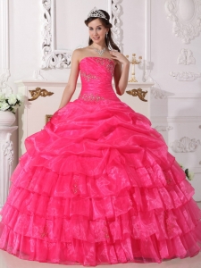Hot Pink Strapless Organza Appliques Quinceanera Dress