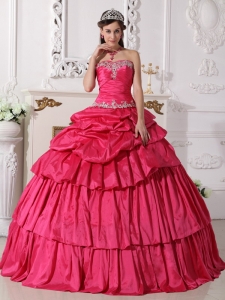 Hot Pink Sweetheart Quinceanera Dress Taffeta Beading Ruch