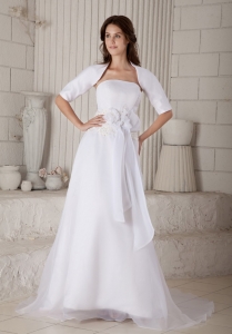 Column Wedding Dress Strapless Court Organza Embroidery