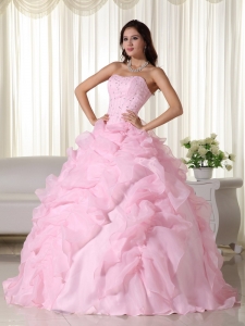 Pink Ball Gown Strapless Organza Beading Quinceanera Dress